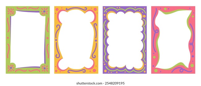 Wavy scallop border shapes. Rectangle fun psychedelic hand drawn frame. Doodle cute design for text photo and picture. Groovy child template. Y2K decorative blank. Vector.