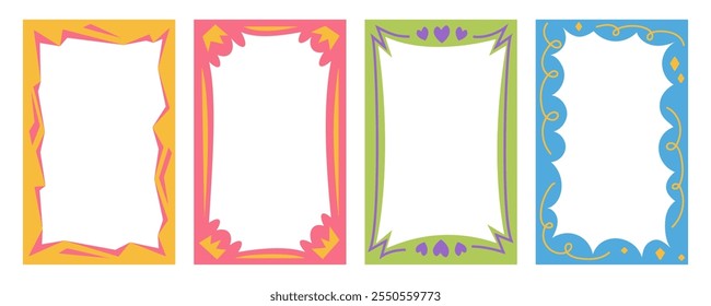 Formas de borde ondulado de vieira. Rectángulo divertido marco dibujado a mano psicodélico. Doodle diseño lindo para foto de texto e imagen. Groovy Plantilla infantil. Y2K en blanco decorativo. Vector.