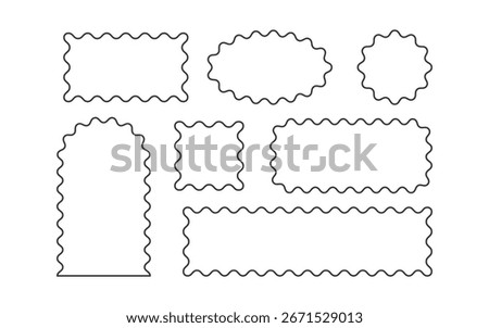 Wavy scallop edge frame set. Wave square, rectangle, circle geometric shape. Scalloped wiggle border. Squiggly cloud arch stickers. Empty text boxes. Vector illustration isolated on white background.