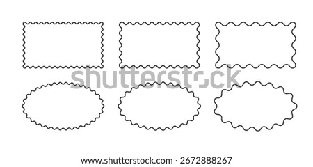 Wavy scallop edge frame set. Wave rectangle and oval geometric shape. Scalloped wiggle border. Squiggly clouds square stickers. Empty text boxes. Vector illustration isolated on white background.