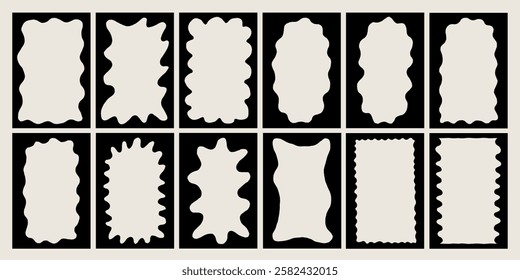 Wavy Scallop Frame Box Set. Black Silhouette Rectangle Framework Shape Collection. Vector Undulate Graphic