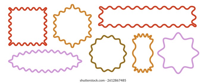 Wavy scalloped decorative frame shapes. Squiggly lines, zigzag borders form whimsical rectangle and square, round and oval abstract design elements. Fun vibrant accents for playful projects.