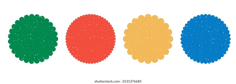 Conjunto de pegatinas de círculo de borde festoneado ondulado. Etiqueta de Precio de forma Starburst con textura rayada. Insignia de la venta del descuento de la promoción vacía colorida. Botón redondo texturizado en diseño plano. Ilustración vectorial