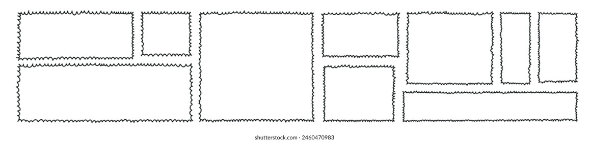 Wavy and scalloped frame squiggle lines. outlines rectangle and square with curved borders. Flat vector illustration isolated on white background.