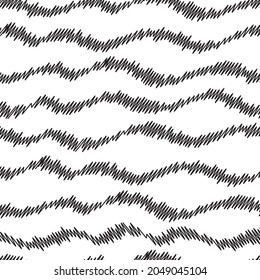 Wavy scribbled lines seamless vector pattern background. Horizontal uneven line art black and white wavy zig zag waves repeat. Abstract doodle scribble geometric stripes. Linear all over print
