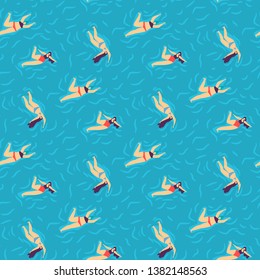 Wavy Sea and Swimming Plus Size Woman in Bikini Positive Flat Seamless Pattern Summer Outdoors Recreation Holidays Time Pool Party Concept Vector Repeat Cartoon Illustration Happy Summertime Leisure