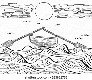 Wavy Sea Water Landscape Depicting Boat with Paddles or Oars Down Sky Birds Clouds and Sun Etching Illusion - Engraved Black Elements on White Rough Paper Background - Japanese Woodcut Style