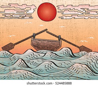 Wavy Sea Water Landscape Depicting Boat with Paddles or Oars Down Sky Clouds and Sun Etching Illusion - Engraved Black Elements on Color Gradient Uniform Canvas Background - Japanese Woodcut Style