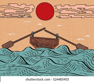 Wavy Sea Water Landscape Depicting Boat with Paddles or Oars Down Sky Birds Clouds and Sun Etching Illusion - Engraved Black Elements on Color Canvas Background - Japanese Woodcut Style