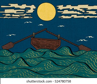 Wavy Sea Water Landscape Depicting Boat with Paddles or Oars Down Sky Birds Clouds Moon Etching Illusion - Engraved Black Elements on Color Canvas Background - Japanese Woodcut Style