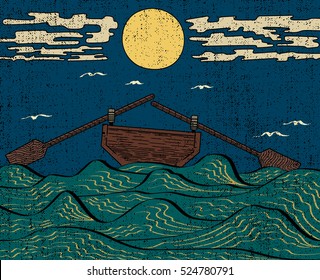 Wavy Sea Water Landscape Depicting Boat with Paddles or Oars Down Sky Birds Clouds Moon Etching Illusion - Engraved Black Elements on Color Canvas Uniform Background - Japanese Woodcut Style
