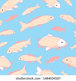 Wavy sealife goldfish koi seamless pattern. With carp fish in tones of pink and rose color. Modern, graphic, simple style. Perfect for restaurant menue, packaging design, aqua and sea lovers. Home