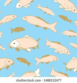 Wavy sealife goldfish koi seamless pattern. With carp fish in tones of beige and rose color. Modern, graphic, simple style. Perfect for restaurant menue, packaging design, aqua and sea lovers. Home