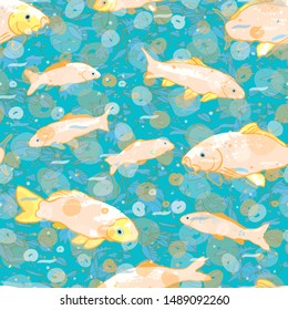 Wavy sealife goldfish koi seamless pattern. With waterplant, wave and fish in tones of blue and green. Modern, graphic, simple style. Perfect for restaurant menue, packaging design, aqua and sea