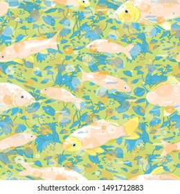 Wavy sealife goldfish koi seamless pattern. With waterplant, wave and fish in tones of blue and green. Modern, graphic, simple style. Perfect for restaurant menue, packaging design, aqua and sea