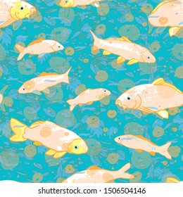 Wavy sealife goldfish koi seamless pattern. With waterplant, wave and fish in tones of blue and green. Modern, graphic, simple style. Perfect for restaurant menue, packaging design, aqua and sea