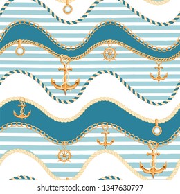 Wavy seamless background with golden chains, ship wheel, rope, anchor and marine stripes. Marine motif. Fashion print for textile, scarf, lingerie, silk shawls and wrapping paper. Vector illustration.