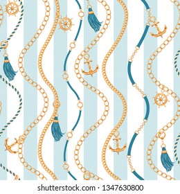 Wavy seamless background with golden chains, ship wheel, rope, belt, tassels 
and anchor. Marine motif. Fashion print for textile, scarf, lingerie, silk shawls and wrapping paper. Vector illustration.
