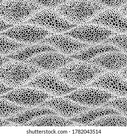 Patrón blanco y negro ondulado y sin fisuras. Ornamento de puntos polka dibujado a mano. Impresión para textiles para el hogar. Ilustración vectorial.