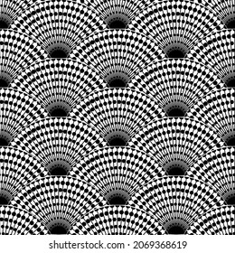 Wavy seamless black and white pattern. Seigaiha ornament in Japanese style. Doodle print polka dot hand drawn. Peacock tail. Banner Vector illustration isolated on white background