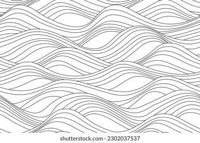 Wavy seamless pattern. Black and white print with waves. Nature coloring book with sea, river or ocean. Lines like flow. Abstract vector background	