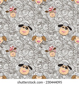 wavy seamless pattern with cartoon sheeps 
