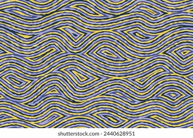 Wellenförmiges nahtloses Muster. Fantasy mit ethnischem Hintergrund. Wasserdruck. In: Vector Abstract Illustration. Handgezeichnete grobe Linien in blau und gelb.