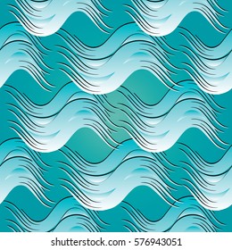 Wavy seamless pattern. Marine abstract background wallpaper illustration with vintage 3d waves and elegance light blue ornaments. Vector  texture for fabric, textile, cloth, curtain, wrapping,