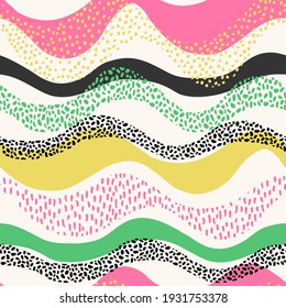 El estilo moderno está decorado con un estilo ondulado y fluido. Olas redondeadas horizontales, doodle mínimo de puntos de polka. Ilustración vectorial para impresión minimalista, cubierta, decoración de hogar boho, papel pintado, tarjeta de cumpleaños, fondo nórdico