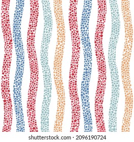 Wavy seamless pattern in modern style. Horizontal curly waves, minimal polka dot doodle. Vector illustration for minimalist print, cover, boho home decor, wallpaper, birthday card, nordic background
