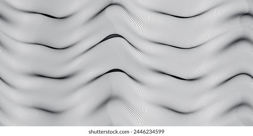 Wavy seamless pattern with moire optical effect. Abstract vector wave bg with lines surreal texture. Music monochrome background