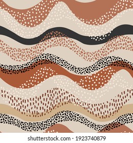 Wavy seamless pattern in natural geo style. Horizontal curly waves with minimal polka dot doodle. Vector illustration for minimalist print, cover, boho home decor, wallpaper, birthday card, background