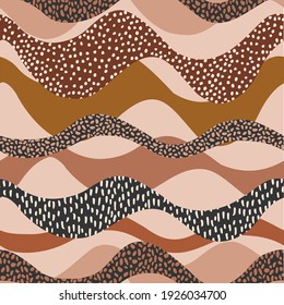 Wavy seamless pattern in natural geo style. Horizontal curly waves with minimal polka dot doodle. Vector illustration for minimalist print, cover, boho home decor, wallpaper, birthday card, background