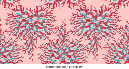 Wavy seamless pattern with ornamental abstract form of trendy living corals in repeated rhythm on coral color background.