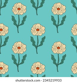 Wavy seamless pattern with outline flowers and leaves. Hand drawn curvy floral seamless pattern with textured wildflowers. Bright repeat vector illustration in comic retro style