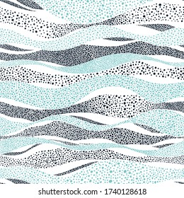 Wavy seamless pattern in polka dot style. Cute summer sea background. White and blue print for textiles. Waves graphic pointillism. Vector illustration.