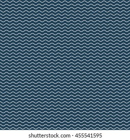 Wavy seamless pattern. White wave lines on dark blue background. Ripple marine texture. Waviness vector graphics.