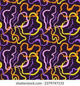 Wavy Seamless Trippy Pattern. Bright colored pattern of colorful abstract squiggles print, scribble spiral and wavy lines. retro 80s style. Chaotic ink brush scribbles. Vector illustration