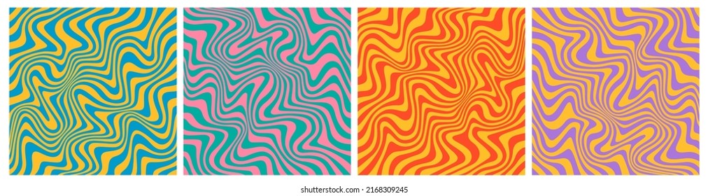 Wavy Seamless Trippy Patterns in Psychedelic Colors. Abstract Vector Set of Swirl Backgrounds. 1970 Aesthetic Textures with Flowing Waves