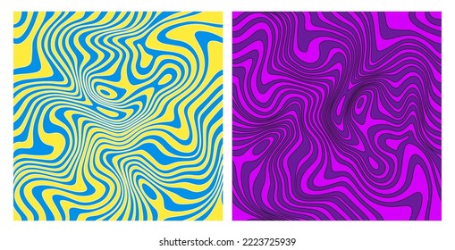 Wavy Seamless Trippy Patterns in Psychedelic Colors mit Stroke. Abstrakte Vektorschwenken-Hintergründe. 1970 Ästhetische Texturen mit Blendwellen