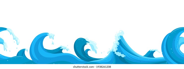 Wavy seascape horizontal seamless pattern. High stormy waves landscape. Cartoon vector illustration