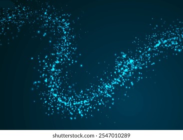 Wavy shape of sparkling neon dots abstract blue background. Futuristic vector design