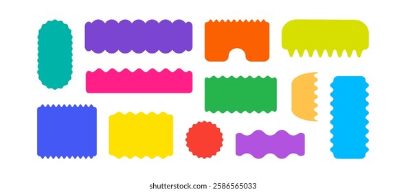 Wavy shape sticker, frame corrugated, wave border, stamp zig zag edge, scallop label, curvy badge, colorful silhouette geometric form isolated on white background. Cartoon simple vector illustration