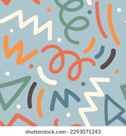 Wavy shapes and swirling strokes. Vector seamless pattern. Attractive multi-colored design, children's doodle lines, suitable for general background illustrations.