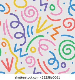 Wavy shapes and swirling strokes. Vector seamless pattern. Attractive multi-colored design, children's doodle lines, suitable for general background illustrations.