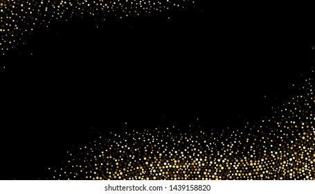 wavy shiny gold glitter effect on dark background. golden colored circle confetti on black background.