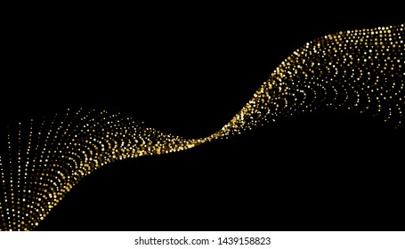wavy shiny gold glitter effect on dark background. golden colored circle confetti on black background.