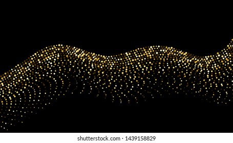 wavy shiny gold glitter effect on dark background. golden colored circle confetti on black background.