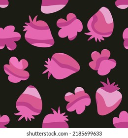 Wavy silhouette seamless pattern with strawberries and flowers. Retro print for T-shirt, fabric, paper, textile in 1970 style. Groovy vector background for decor and design.