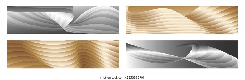 Wavy silver and gold parallel gradient lines, ribbons, silk. Set of 4 backgrounds. Black and white with shades of gray or golden silk. Banner, poster. eps vector